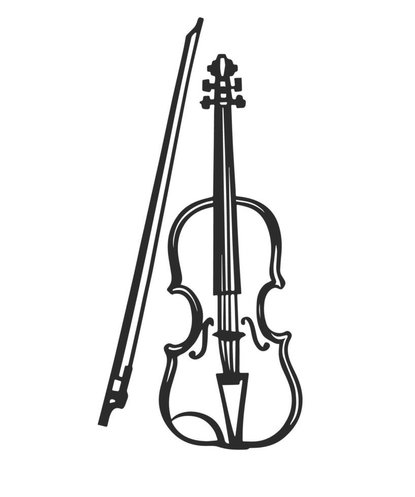 Hand drawn violin and bow. Black and white illustration. vector