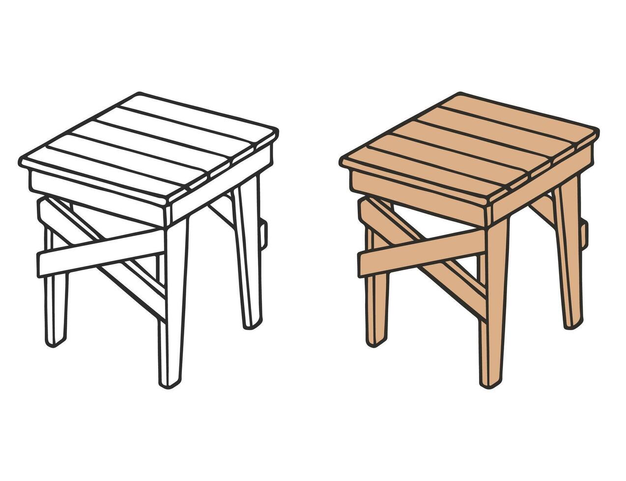 Illustration of wooden stool. Color and monochrome versions. vector