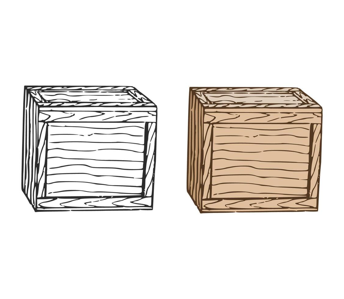 Wooden box in vintage style. Monochrome and color vetsions. vector