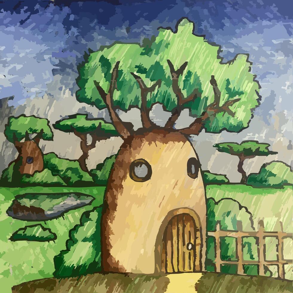 Drawing of a baobab house with a door and windows stylized drawing strokes. illustration house tree with fence and bushes against the background of other such de wild huts and african field vector