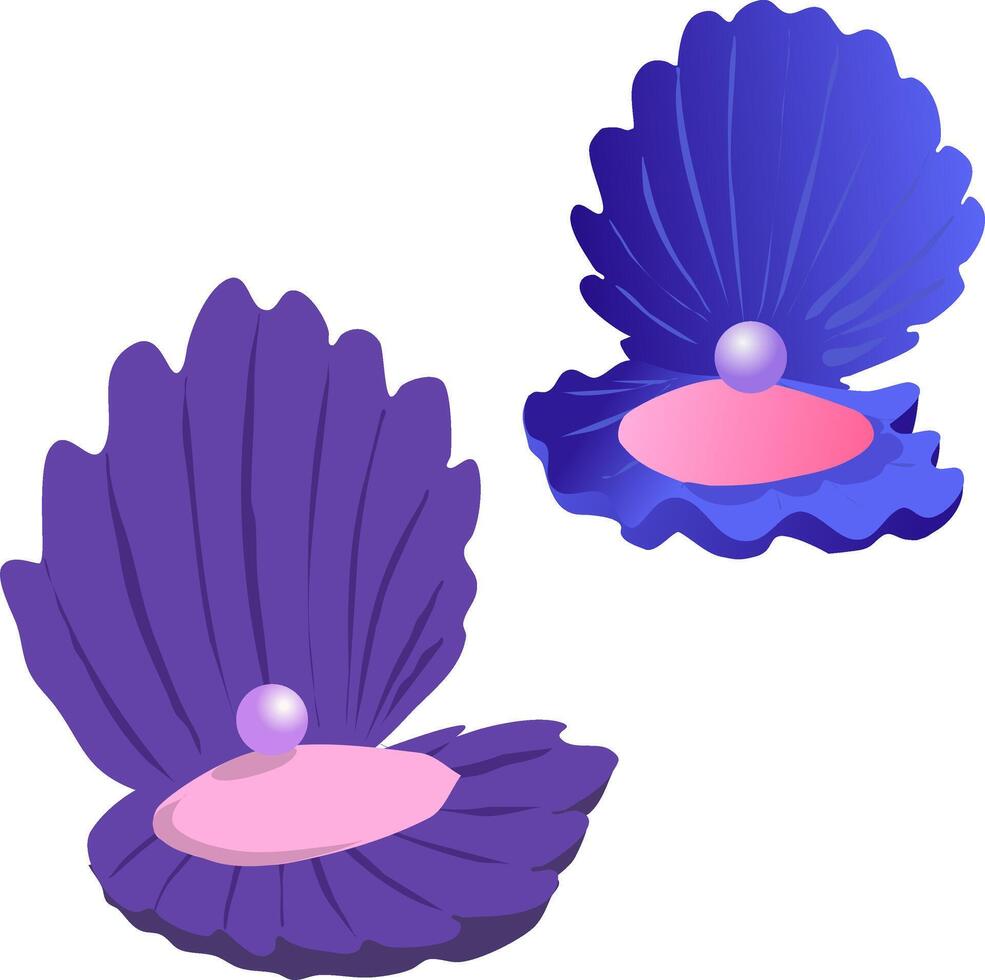 modelo de púrpura y azul abierto mar conchas con perlas adentro. ilustración ordinario mar cáscara tallado en transparente antecedentes personificar seguridad, seguridad y materno cuidado vector