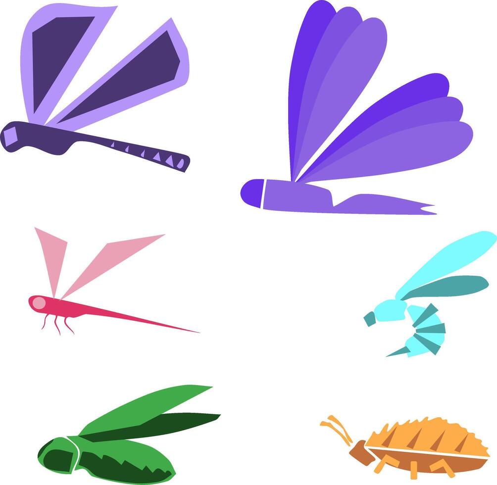 fancy conceptual old style insects logos icons symbols cockroach hornet dragonfly. illustration fly mosquito purple and blue with green angular geometric beetles vector