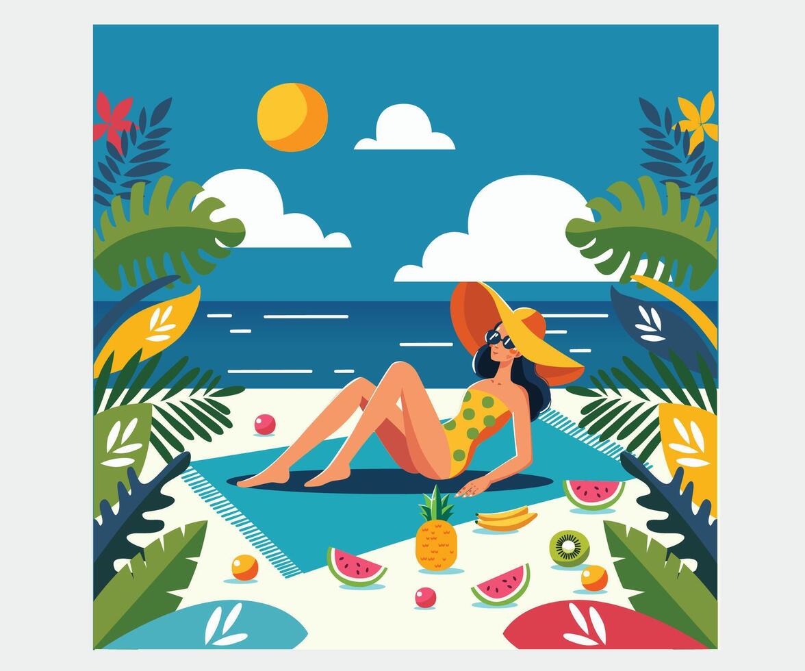 Woman Meeting Sunset on the Beach Summer vacation vector