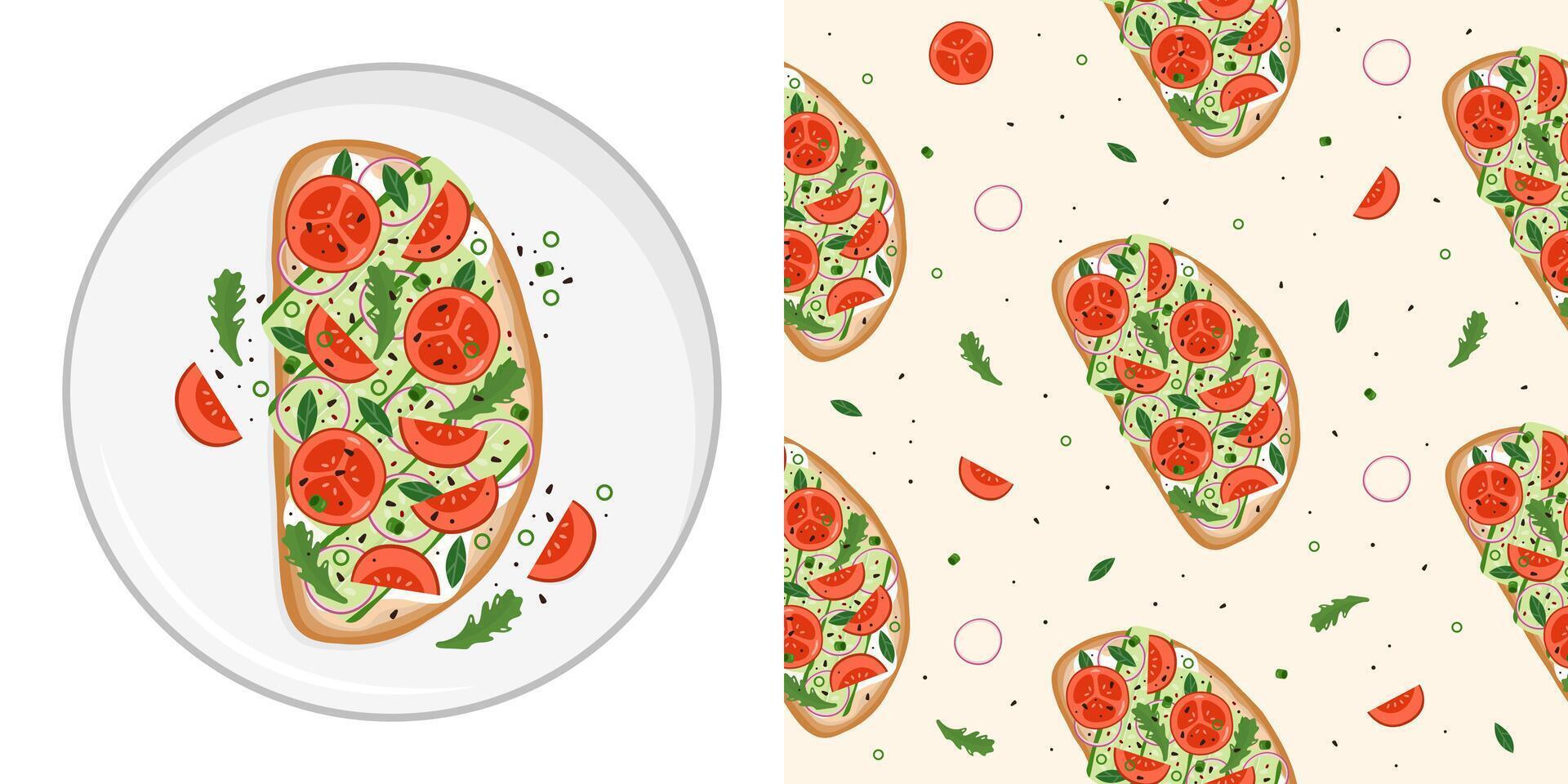 Bruschetta with tomato, cucumber and greenery vector