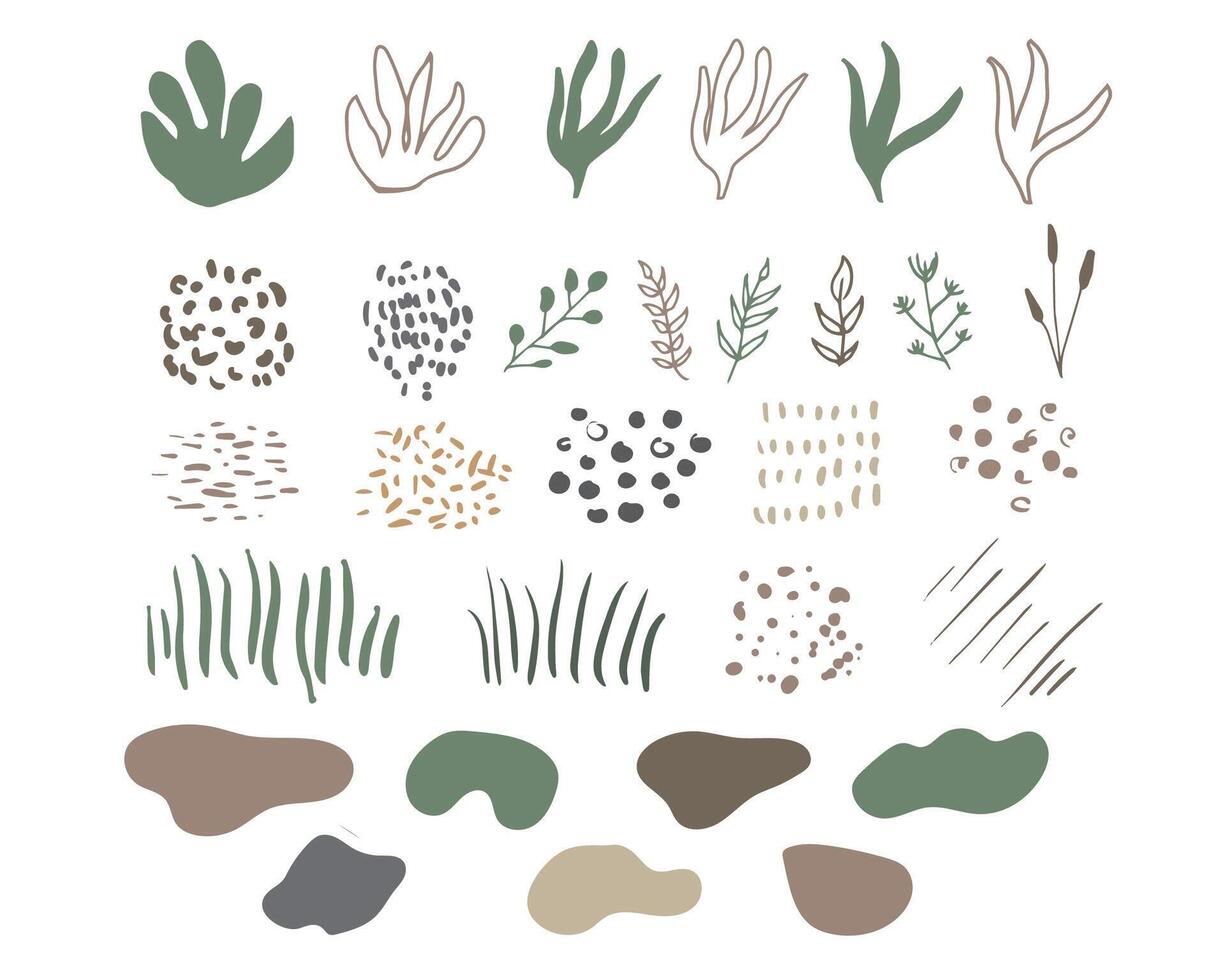 Organic shapes, spots, plants, set of trendy abstract hand drawn earth tone elements for graphic design vector