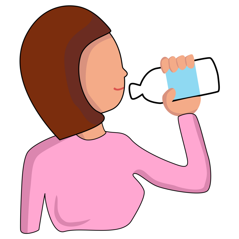 Young woman cartoon character dinking water. Hand drawn doodle flat illustration design. png