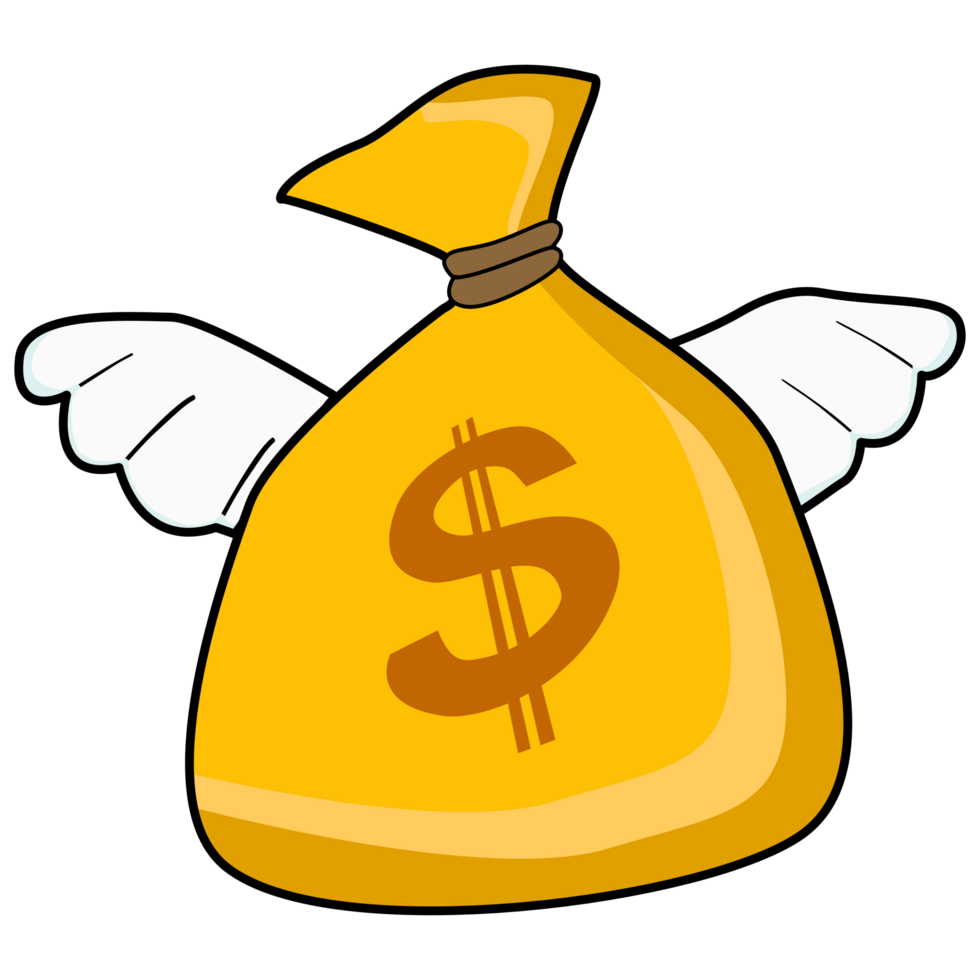 Flying dollar bag of money concept design. money bag with wings cartoon illustration png