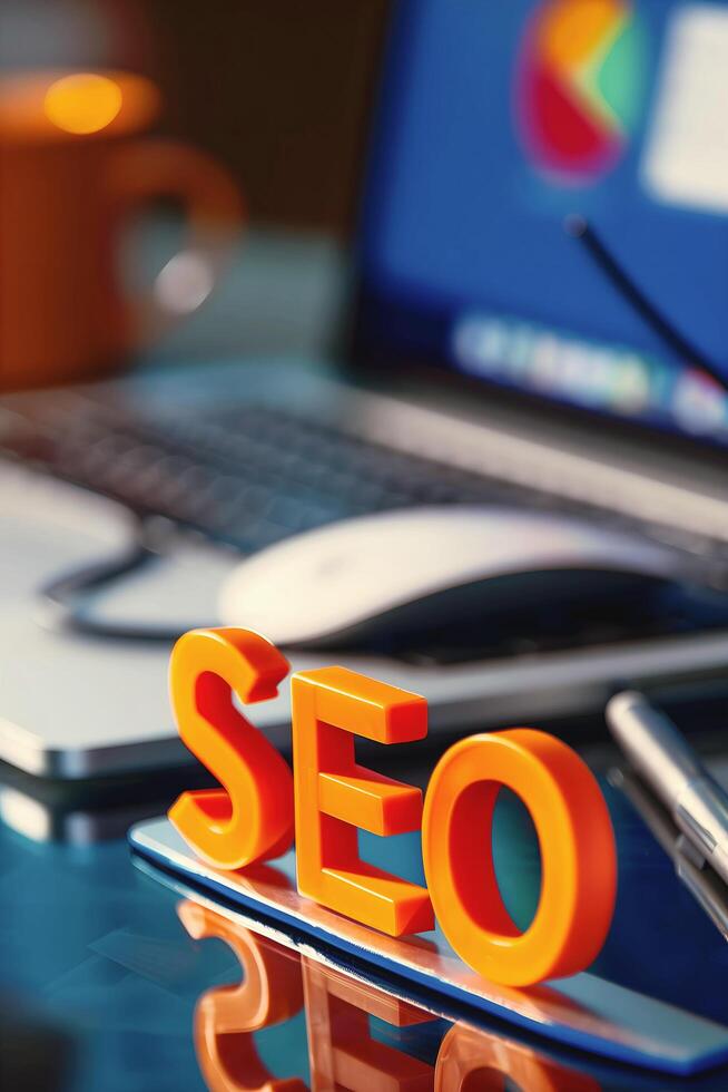 Seo concept, search engine optimisation, orange letters on office desk, laptop background photo
