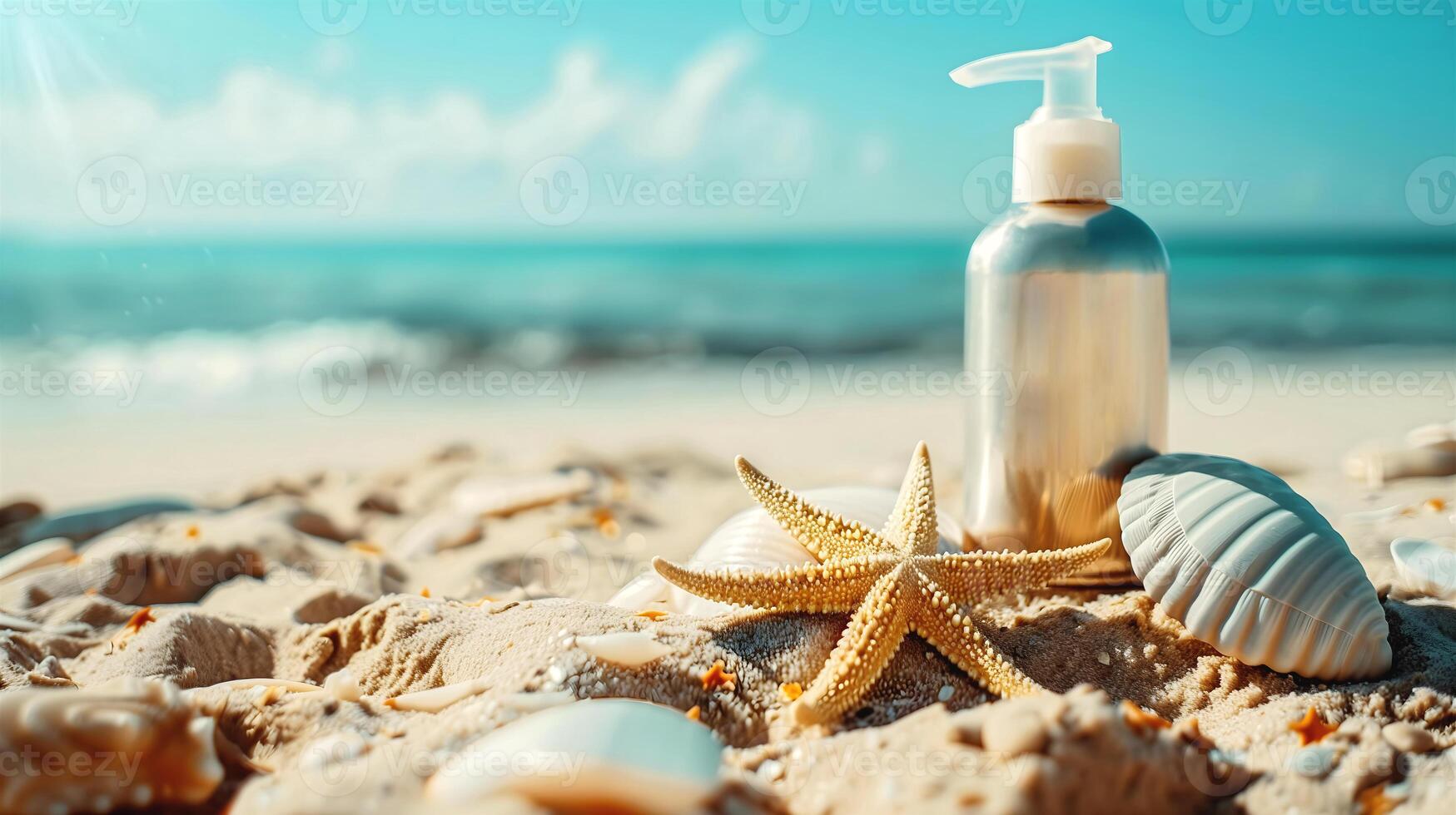 Summer background, sandy beach, ocean and seashells, blue sky, product presentation, seasonal template with copy space area, aesthetic banner, photo
