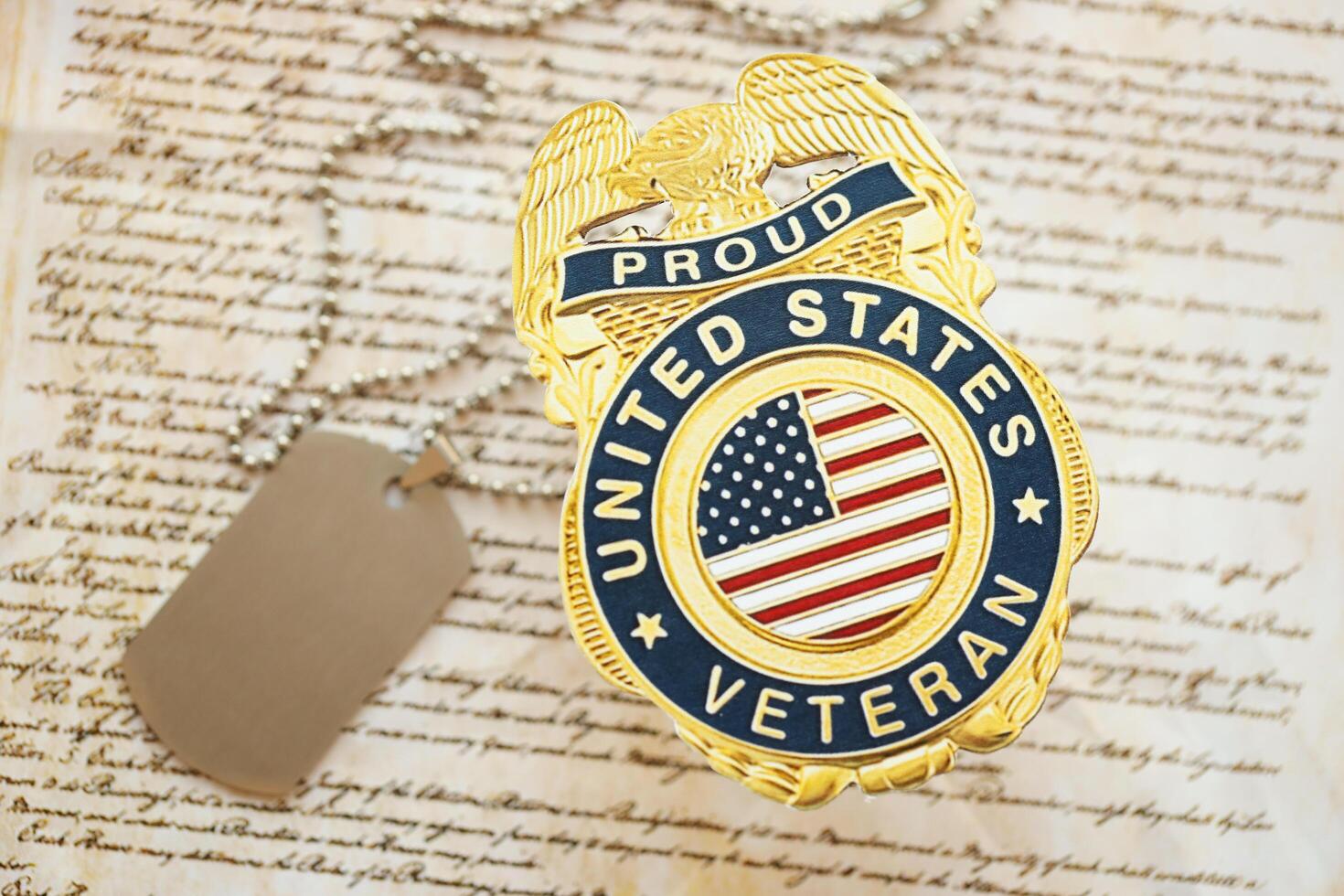 KYIV, UKRAINE - MARCH 9, 2024 US Proud Veteran badge with dogtags on United States Constitution photo