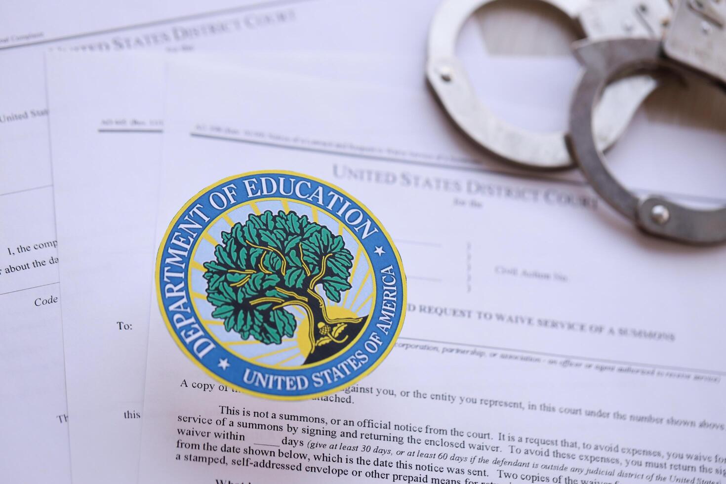 KYIV, UKRAINE - MARCH 9, 2024 US Department of Education seal with handcuffs on many US District Court warrants and complaints photo