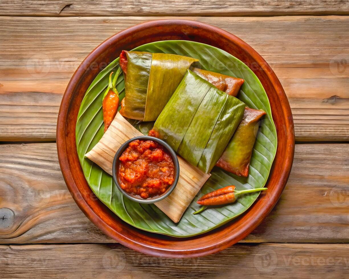 Oaxacan Tamale Steamed Chicken or Mole in Banana Leaf photo