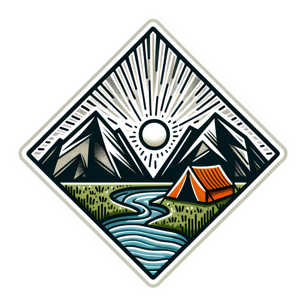 Vintage Camping Badge with Mountains, River, and Tent Illustration png