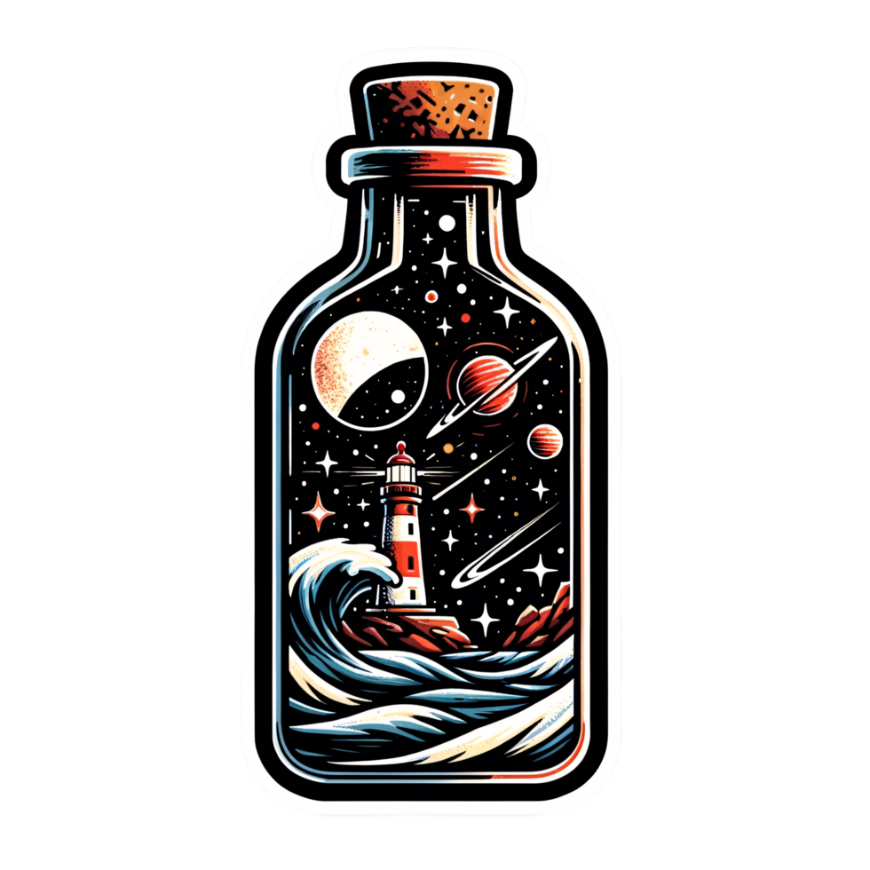 Space Scene in a Bottle with Lighthouse and Planets png
