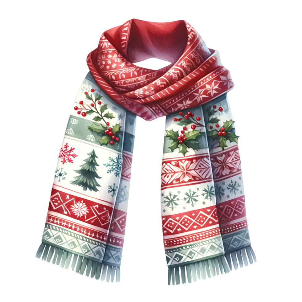 Festive Christmas Scarf with Snowflake, Tree, and Holly Berry Patterns Isolated on Transparent Background png