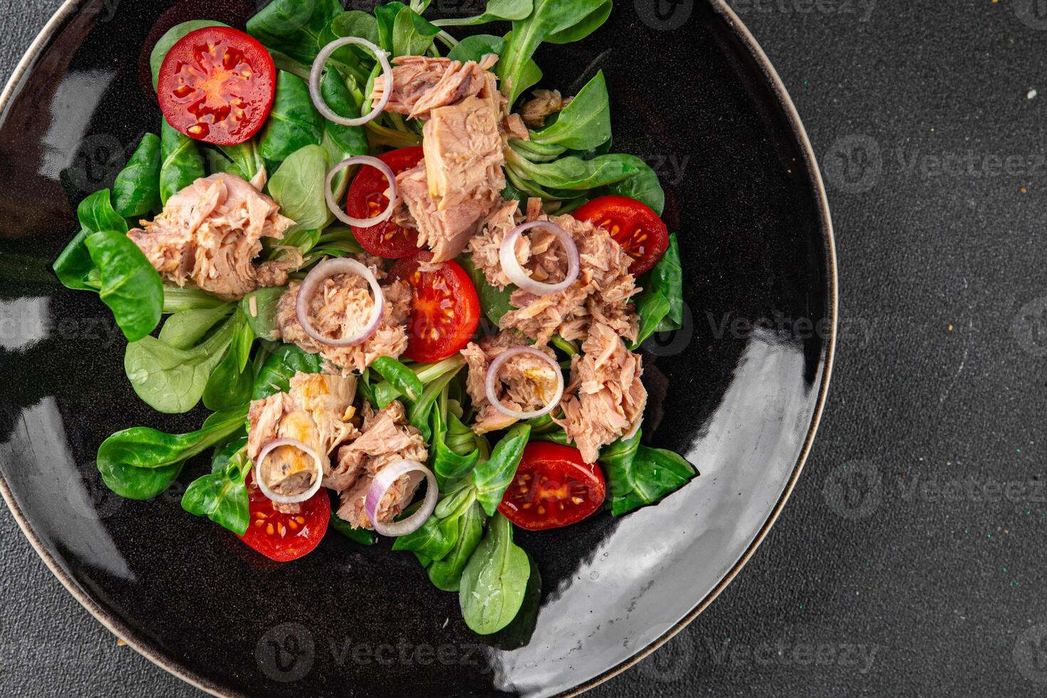 salad tuna, tomato, green leaf lettuce healthy eating cooking appetizer meal food snack on the table copy space food background rustic photo