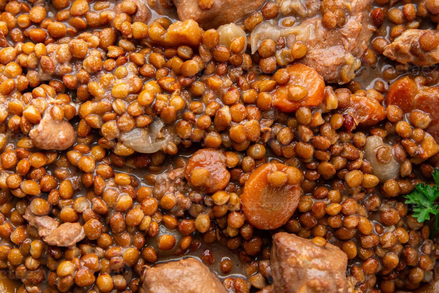 lentils with meat beef or pork fresh cooking appetizer meal food snack on the table copy space food background rustic photo