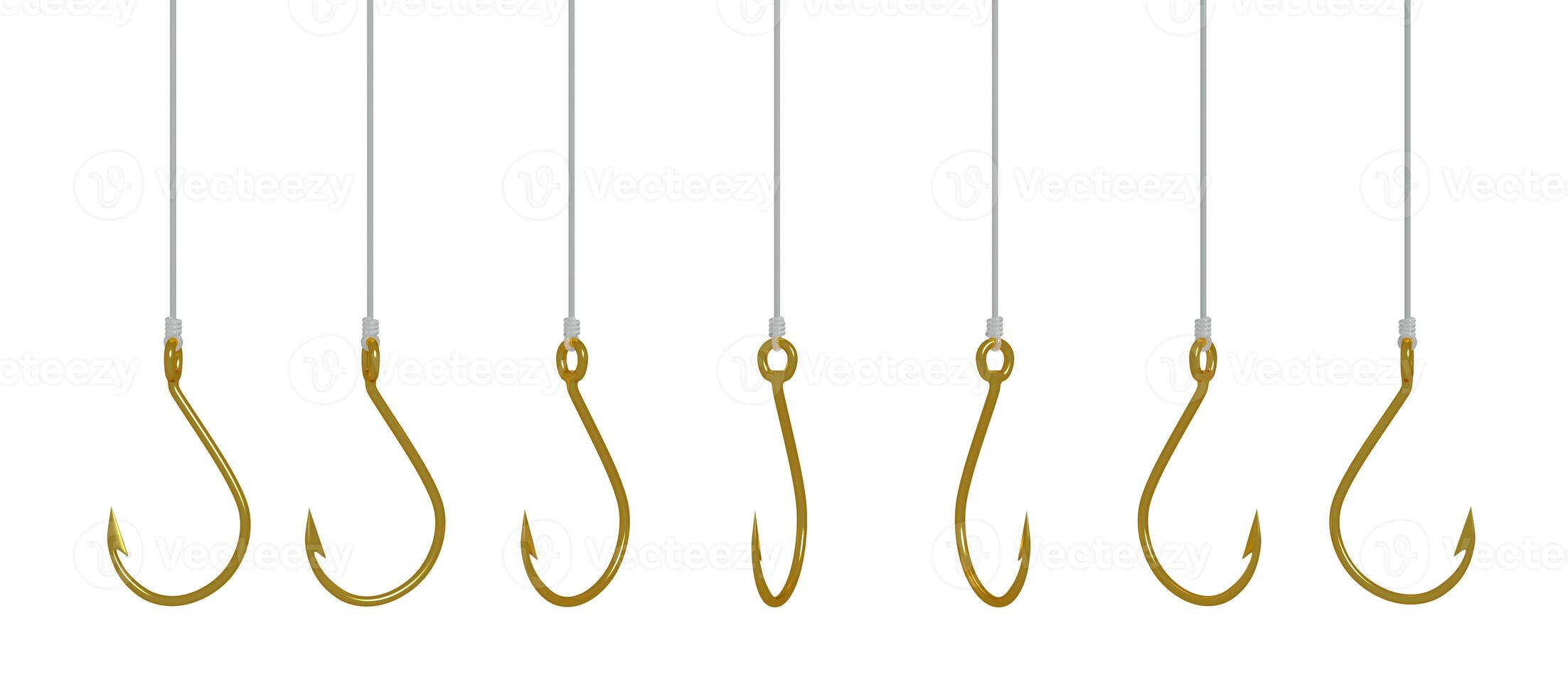 Set of golden fishing hooks on fishing lines, isolated on white background, 3D rendering. photo