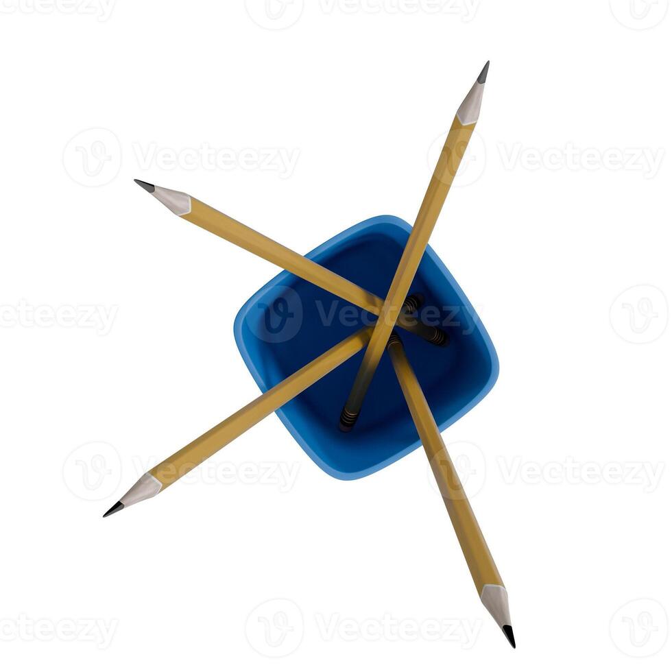 Four graphite pencils in blue cup, isolated on white background, 3D rendering. photo