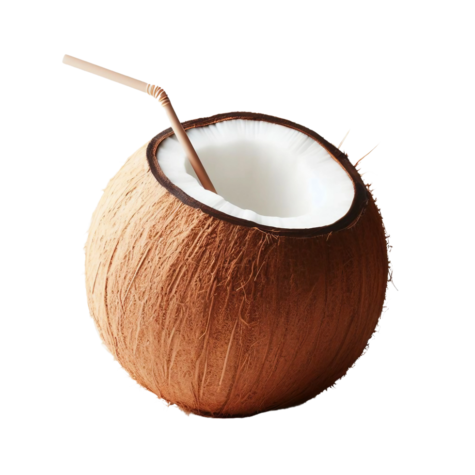 A coconut with a straw in it with transparent background png