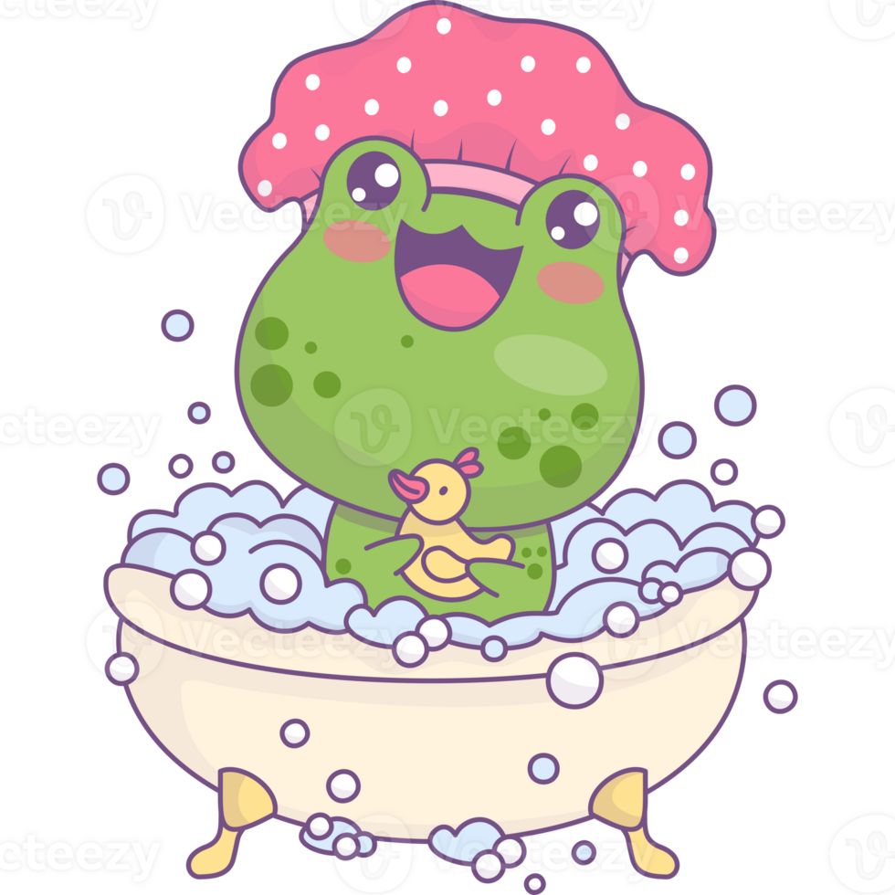 Frog in shower cap bathes in bath with foam png