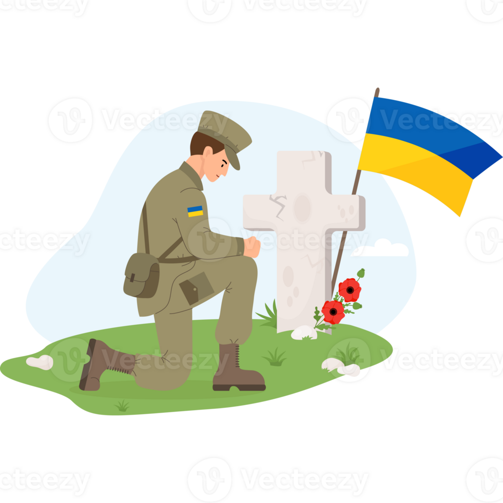 Military soldier in front of grave cross with yellow-blue Ukrainian flag png