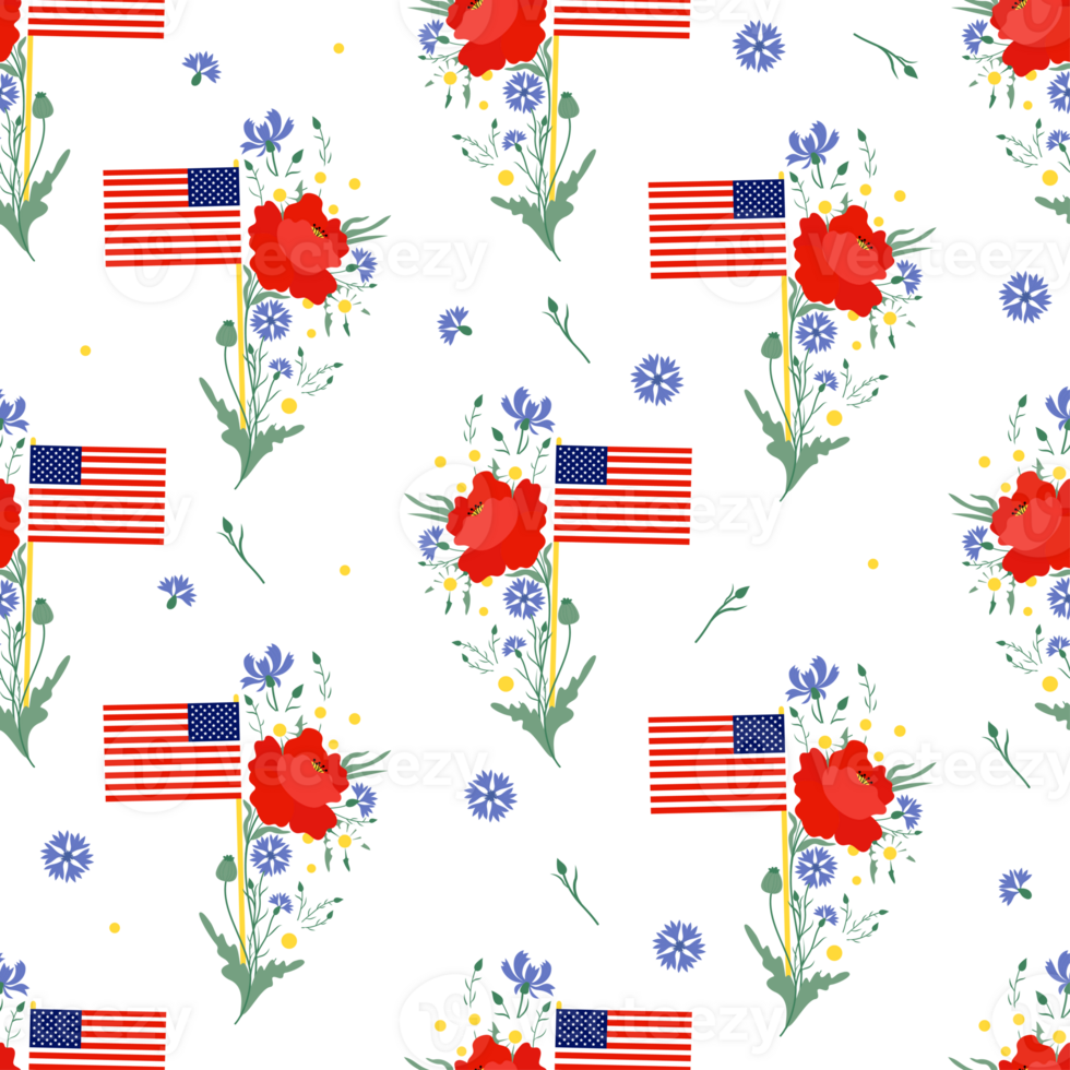 Memorial Day Seamless pattern. American flag with flowers png