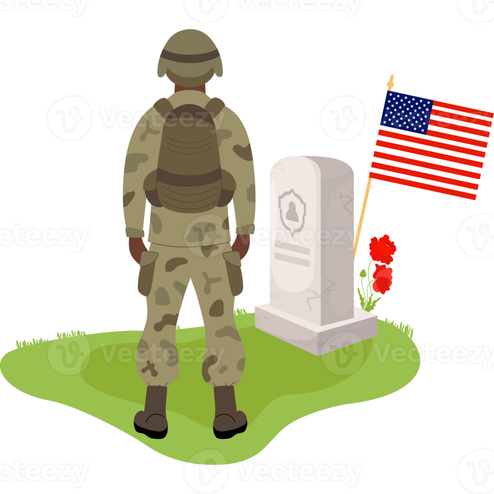 Memorial Day. Military soldier stands in Cemetery png
