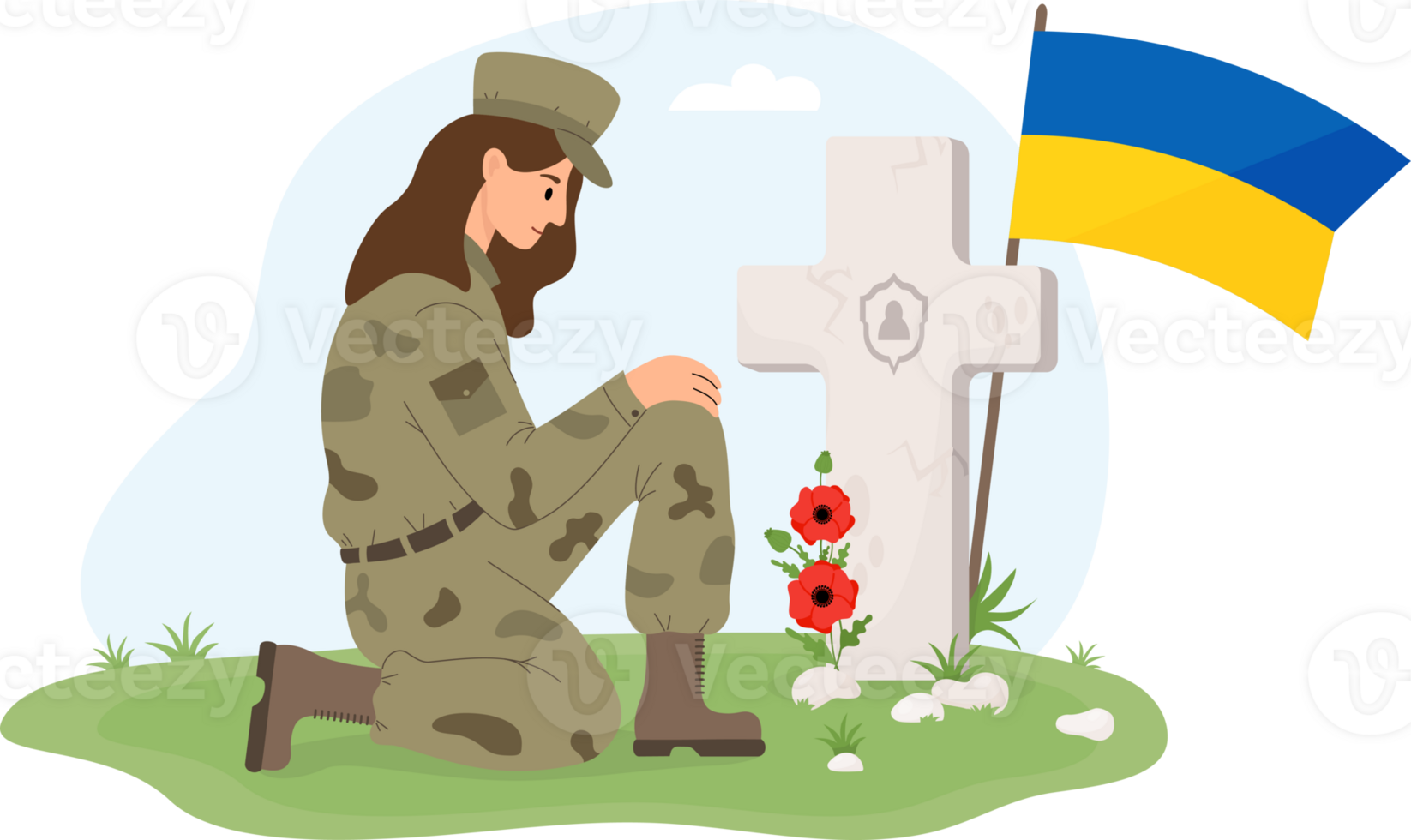 Military soldier woman in front of grave with Ukrainian flag png