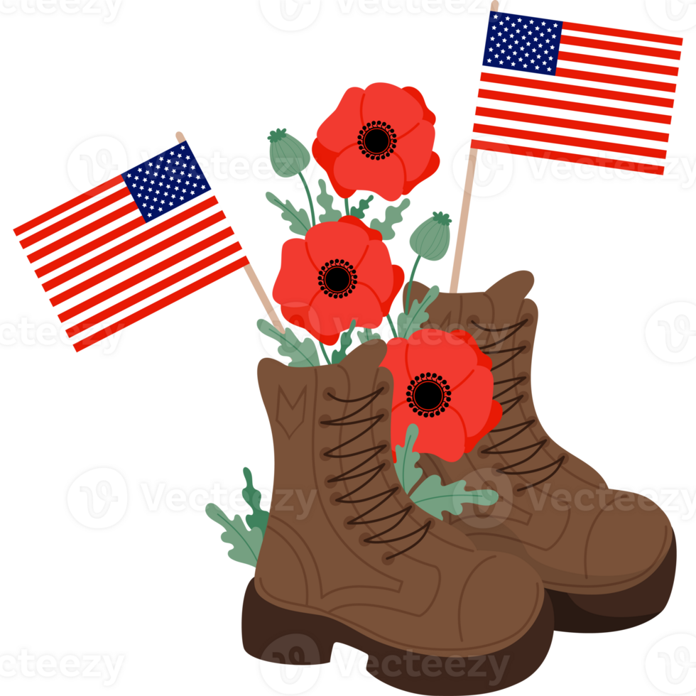 Military veteran boots with red poppy and flags png