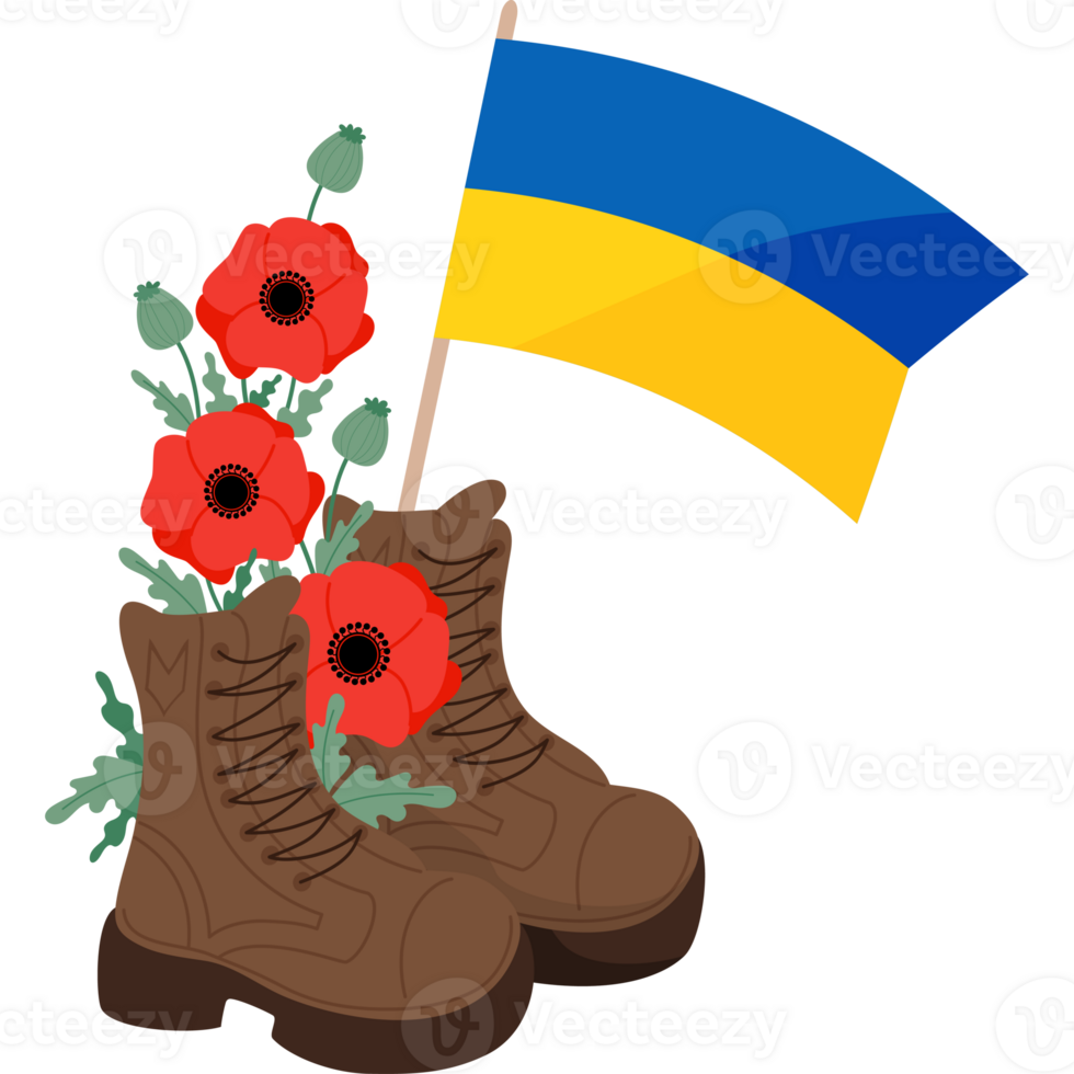 Military veteran boots with poppy flowers and yellow-blue flag Ukraine png