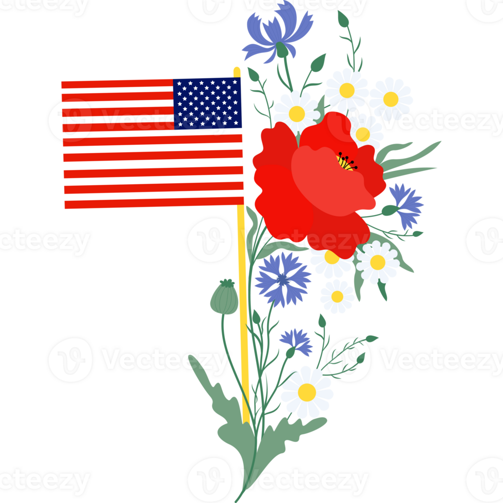 amerikan flagga med med bukett blommor png