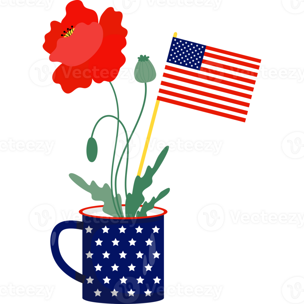 American flag in cup with red poppy png