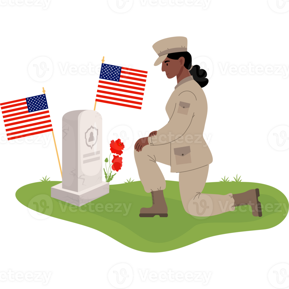 Military soldier ethnic woman in front of American grave with flags png