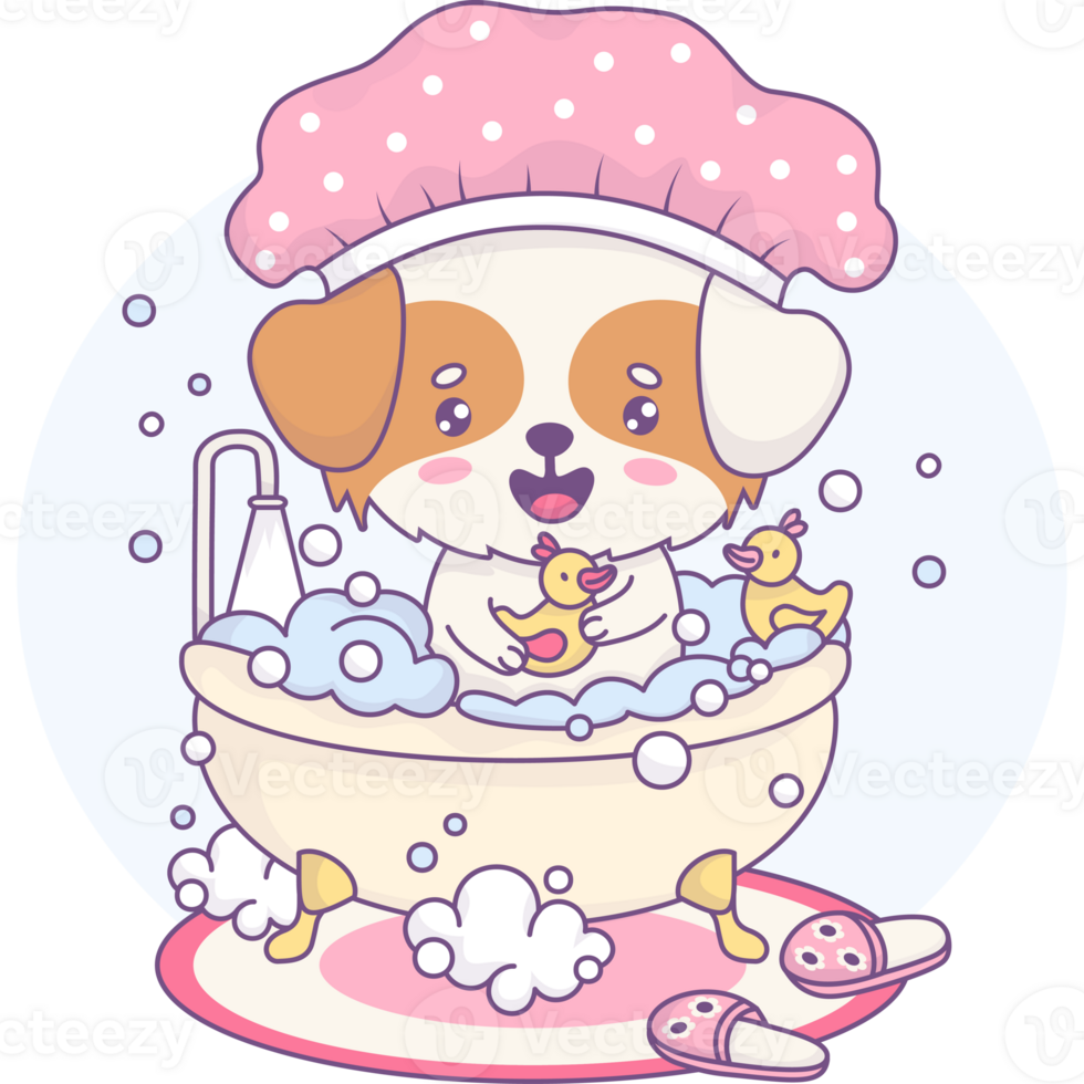 Happy dog in shower cap bathes in bath png