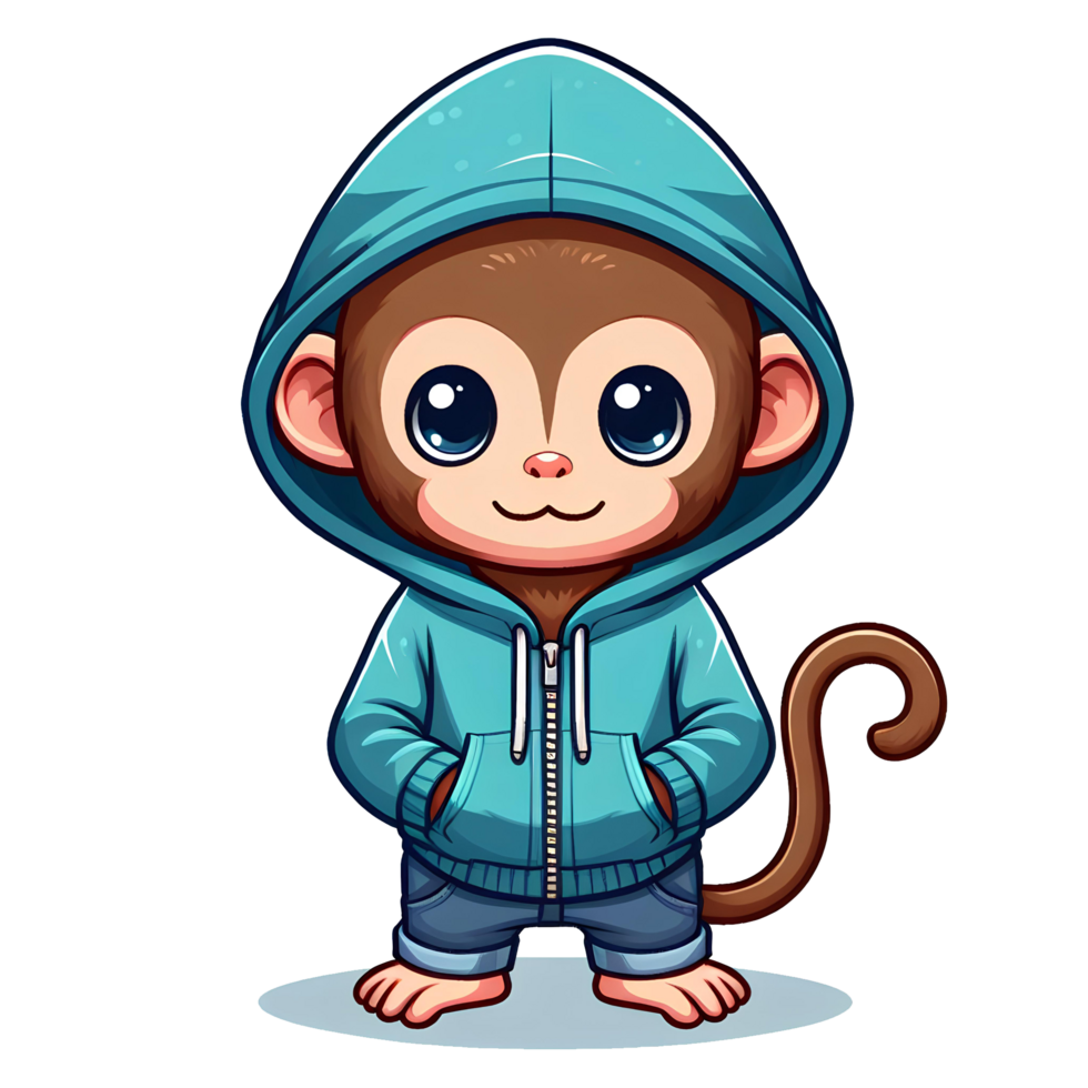 lilltle monkey wearing blue hoodie in cartoon style png