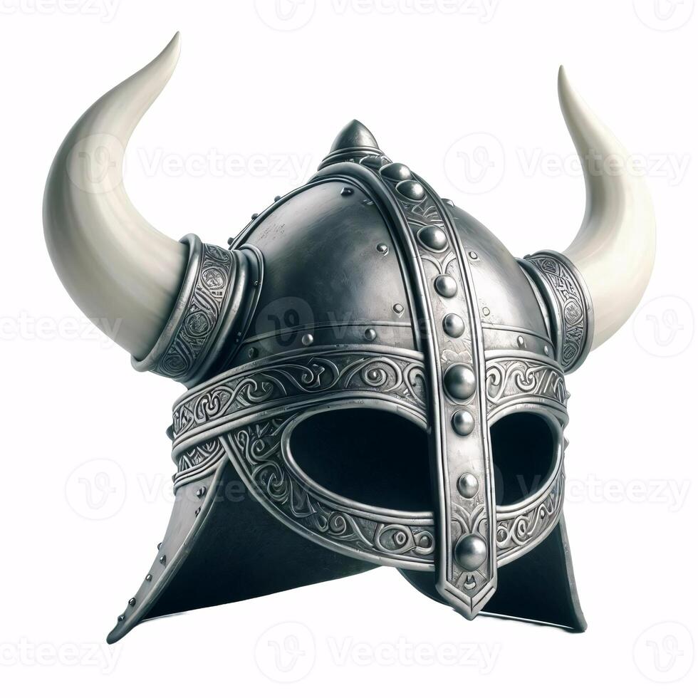 A Viking helmet with two horns, made of metal with a Celtic knot design around the bottom photo