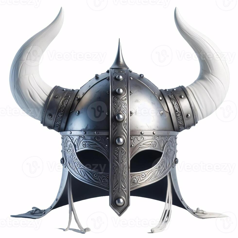 A Viking helmet with two horns, made of metal with a Celtic knot design around the bottom photo