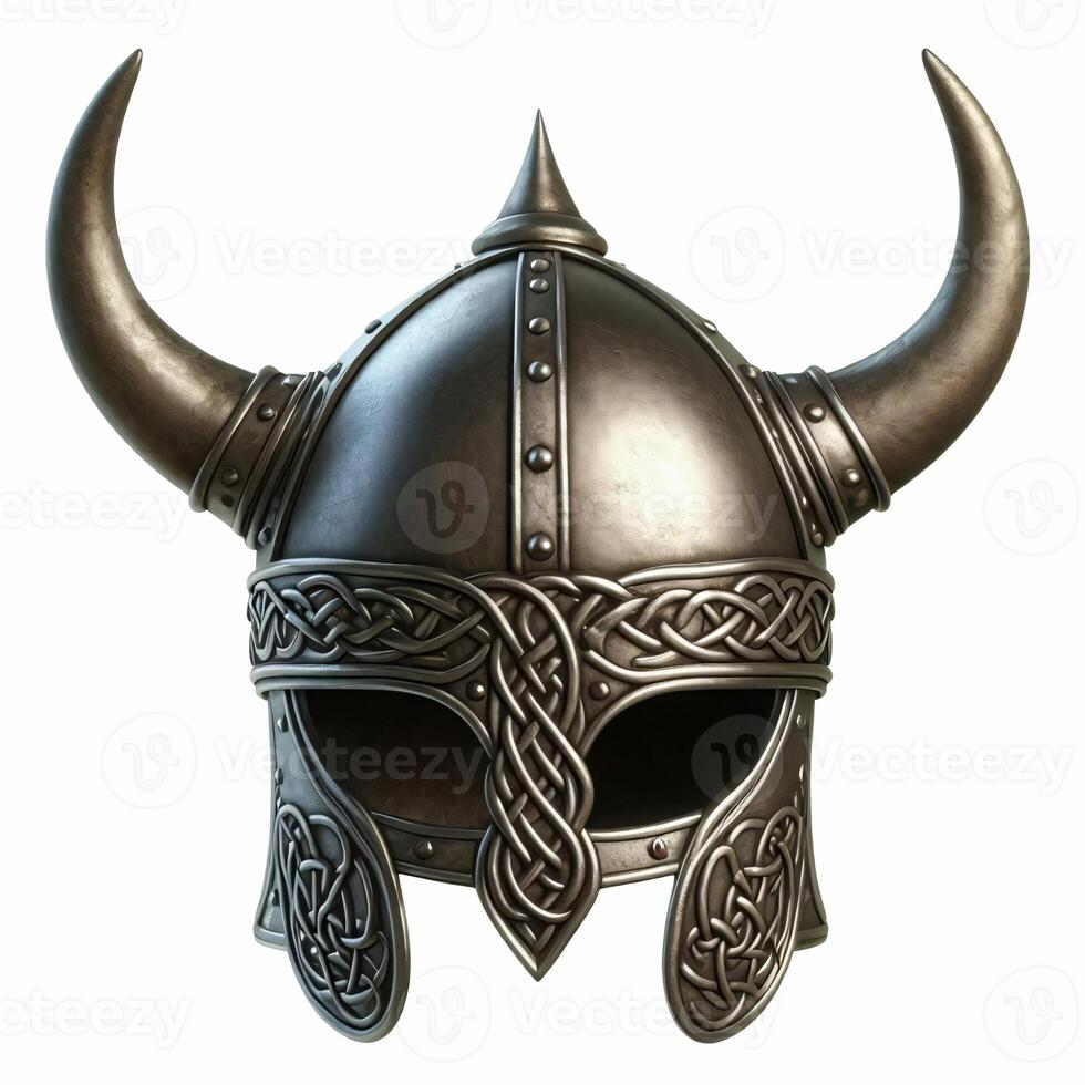 A Viking helmet with two horns, made of metal with a Celtic knot design around the bottom photo