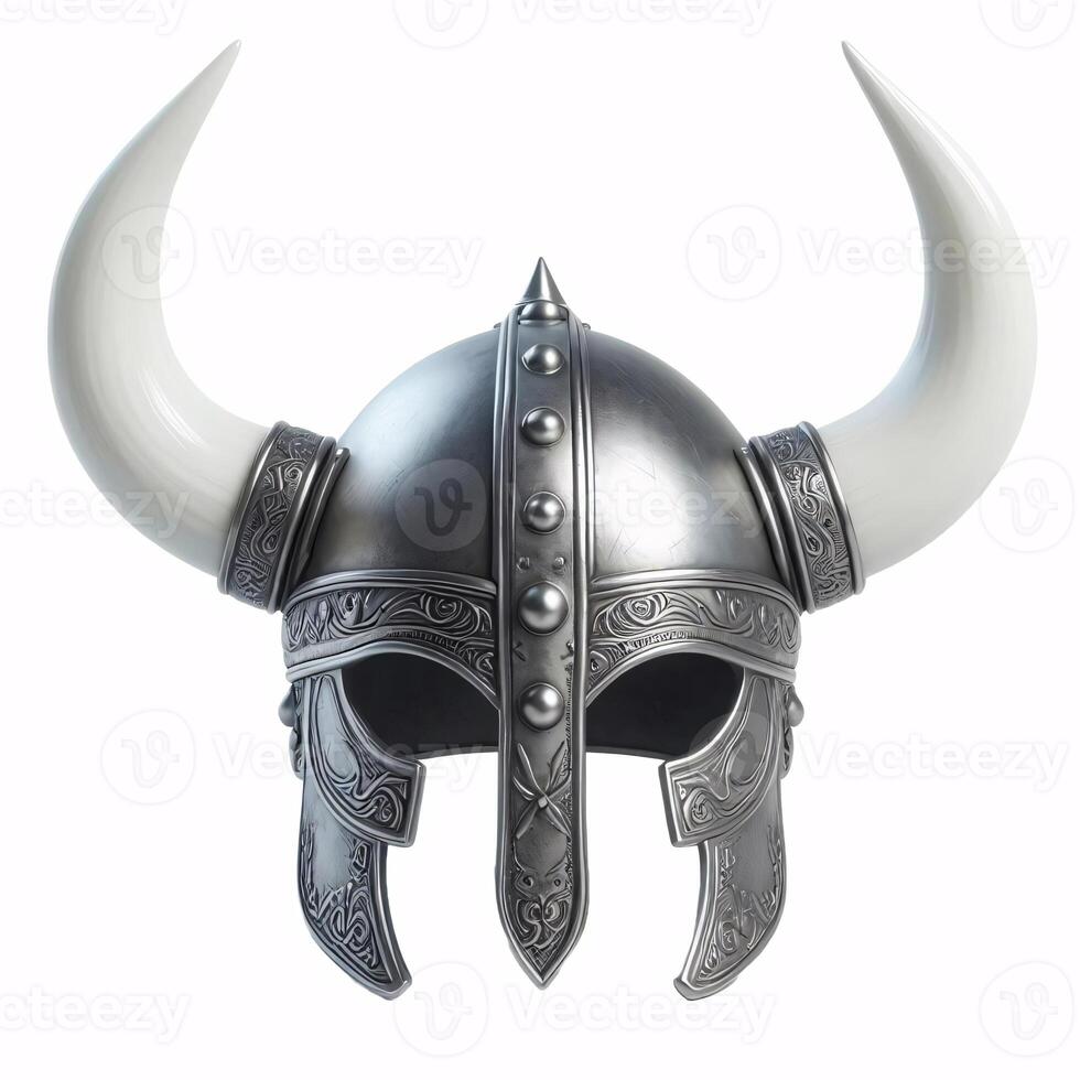 A Viking helmet with two horns, made of metal with a Celtic knot design around the bottom photo