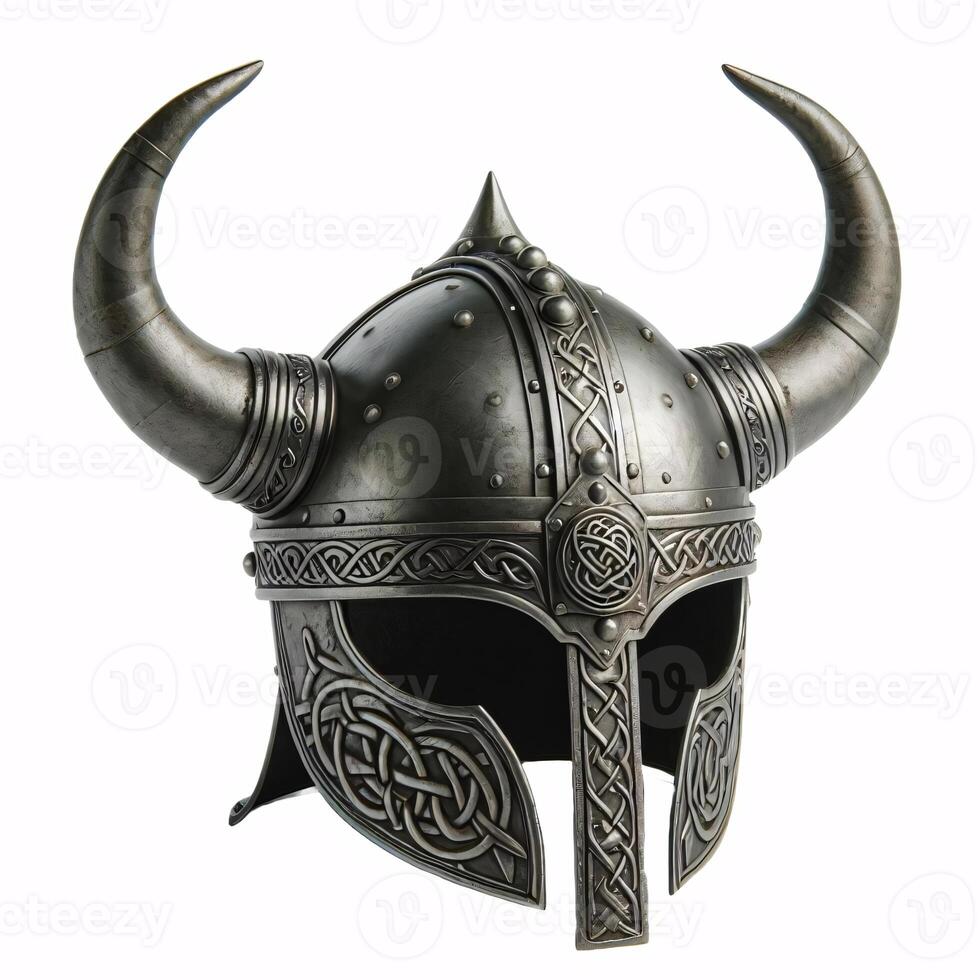 A Viking helmet with two horns, made of metal with a Celtic knot design around the bottom photo