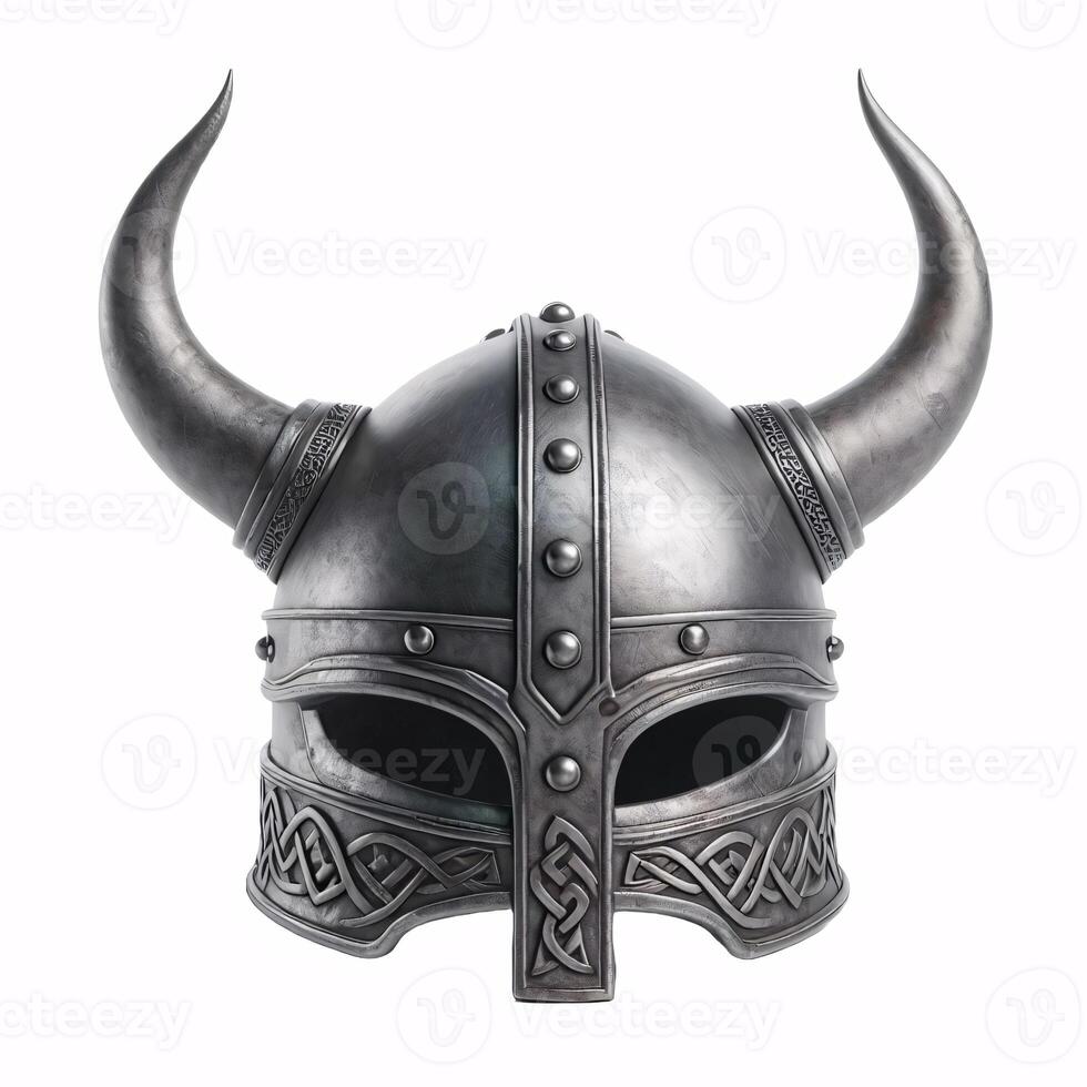 A Viking helmet with two horns, made of metal with a Celtic knot design around the bottom photo