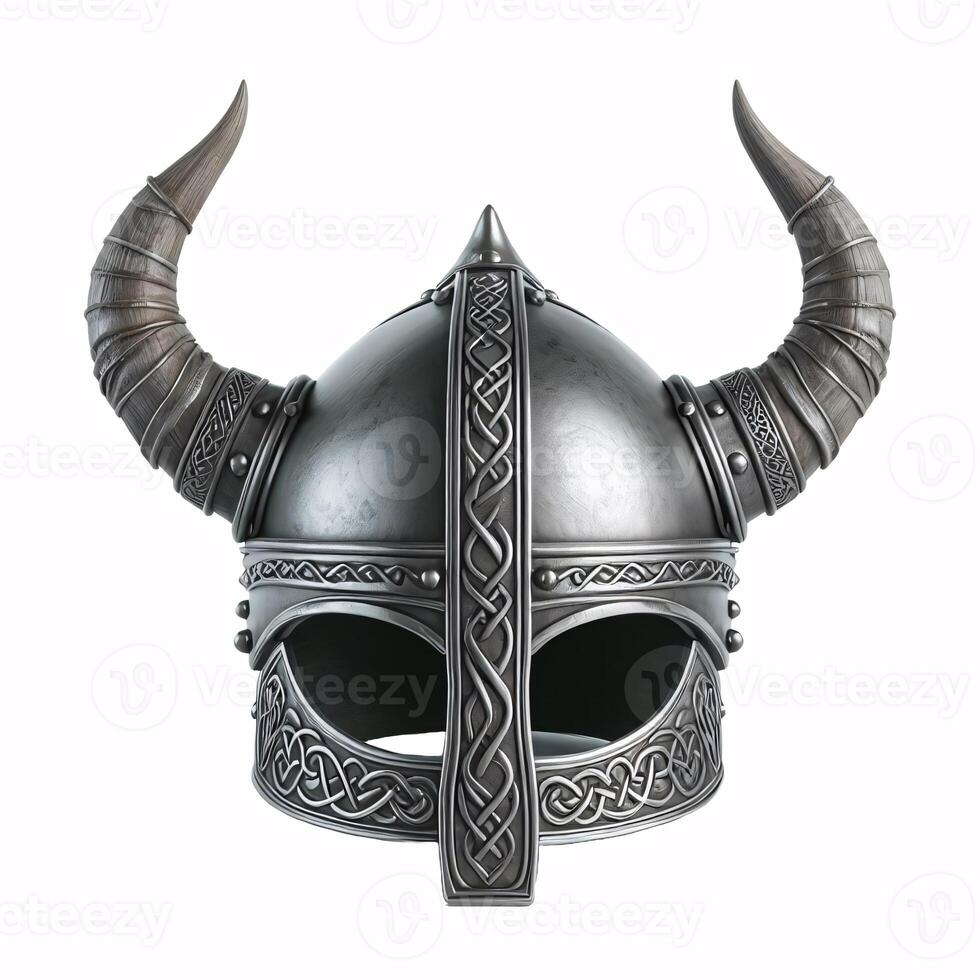 A Viking helmet with two horns, made of metal with a Celtic knot design around the bottom photo