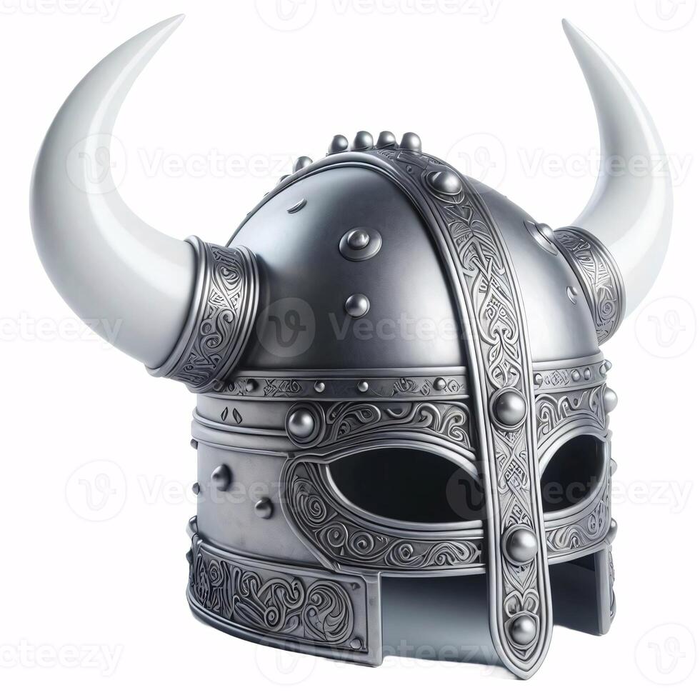 A Viking helmet with two horns, made of metal with a Celtic knot design around the bottom photo