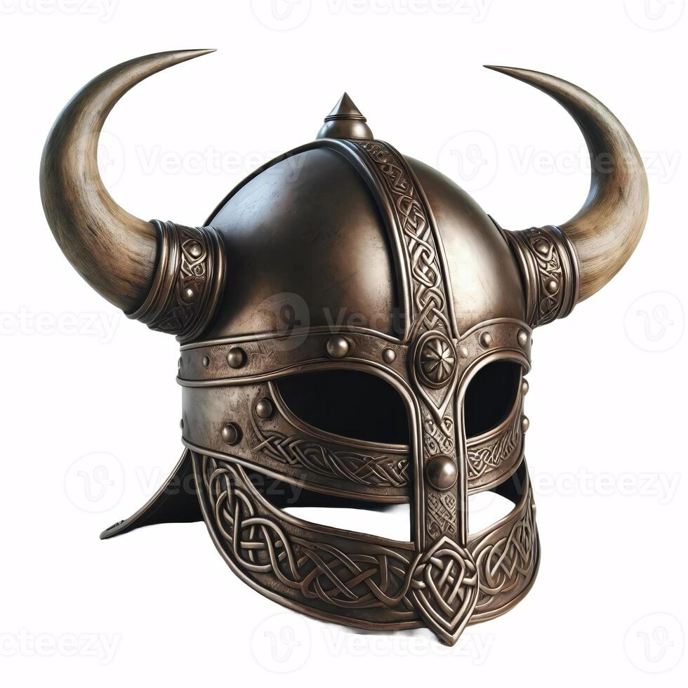 A Viking helmet with two horns, made of metal with a Celtic knot design around the bottom photo