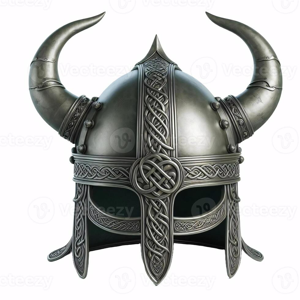 A Viking helmet with two horns, made of metal with a Celtic knot design around the bottom photo