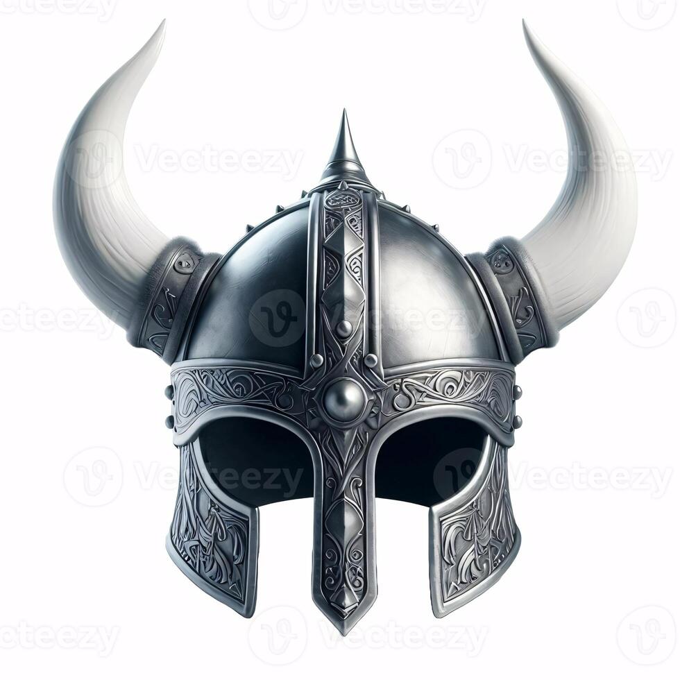 A Viking helmet with two horns, made of metal with a Celtic knot design around the bottom photo