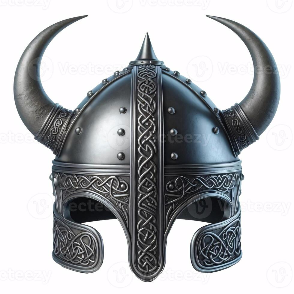 A Viking helmet with two horns, made of metal with a Celtic knot design around the bottom photo