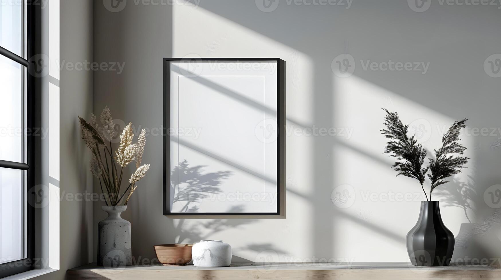 Modern Room With poster mock up, Vases, and Plant. Generative by AI photo