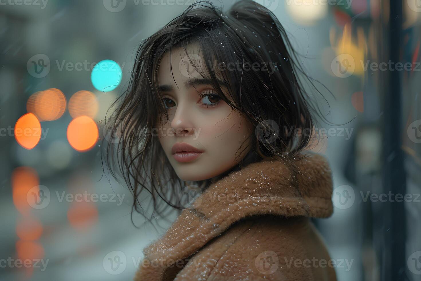 Winter Portrait of Woman in Urban Setting. Generative by AI photo